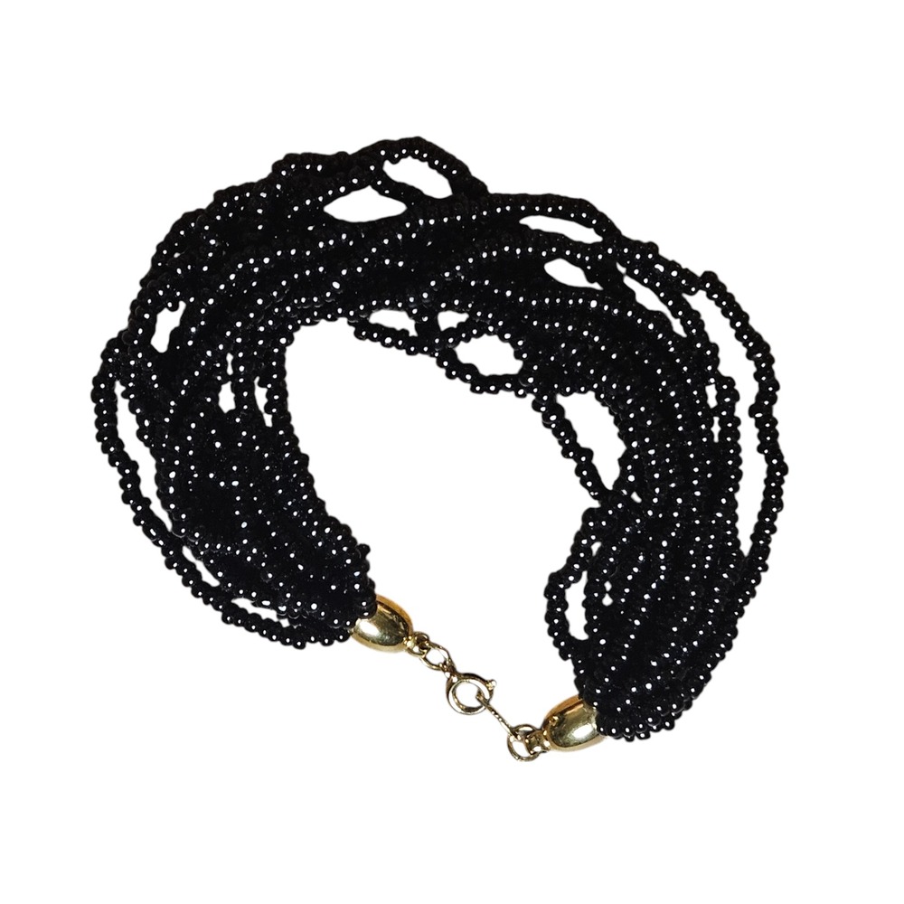 Trifari Black Glass Seed Multi Strand Beaded Bracelet Gold Tone Signed Glam 90s - Picture 7 of 8